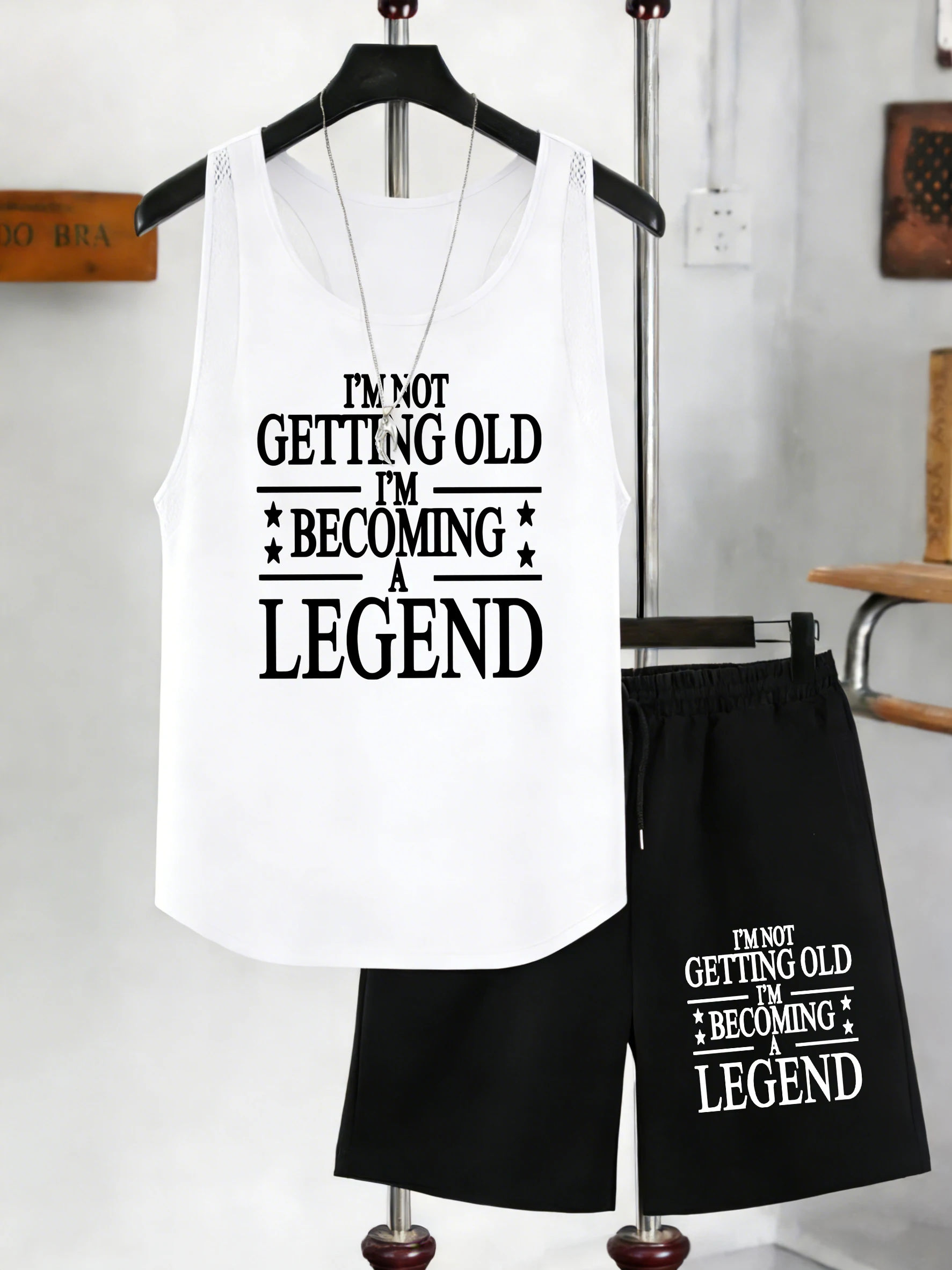 I'M Not Getting Old Becoming A Legend Print Vest Set Men Sleeveless Summer Mesh Tank Tops Pocket Pant Wide-Leg Breathable Shorts