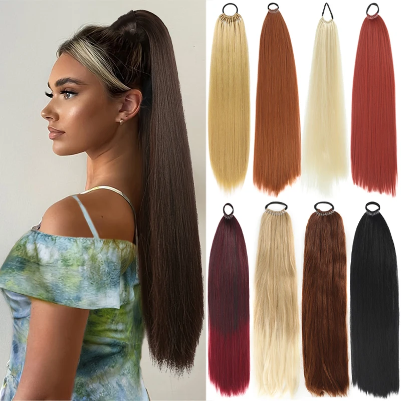 Extensiones de cola de caballo sintética de 24 pulgadas, postizo de cola de caballo trenzado Natural negro, banda de goma larga y recta para mujer
