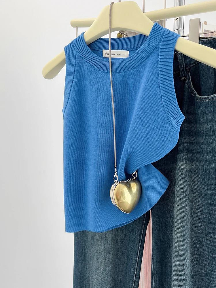 블루 아이스 실크 니트 스트랩 베스트 여성 여름 얇은 슬림핏 아우터웨어 베이스 셔츠 출퇴근용 슬리브 길이...