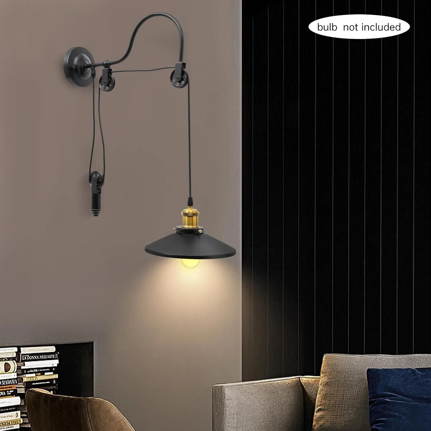 مصباح جداري معقوفة، سلسلة/حبل قابل للتعديل، مصباح جداري صناعي عتيق، بكرة معقوفة، تركيبات جدارية معدنية لـ D #2
