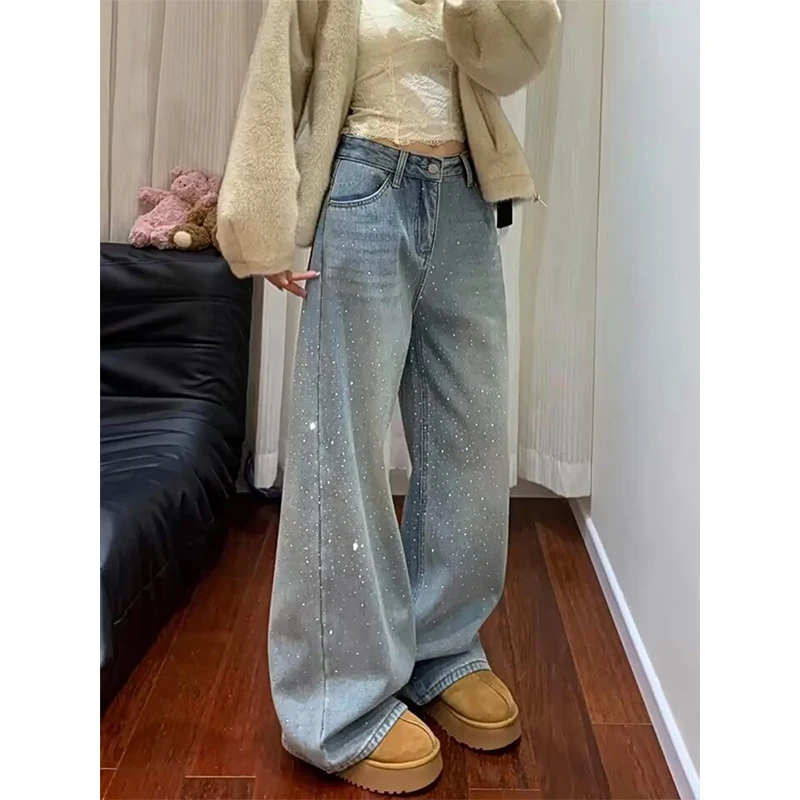 High-quality American-style plus-size retro full-sky rhinestone jeans for women, fashion floor-length pants with design sense