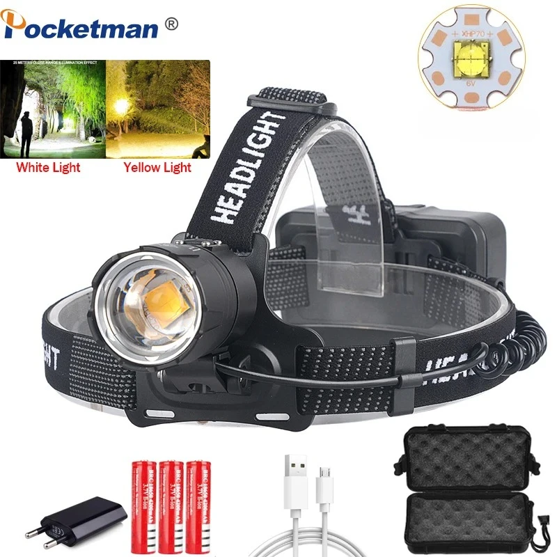 

Led Headlamp Most Powerful Yellow or White Led Headlight Fishing Camping ZOOM Torch Use 3*18650 batteries