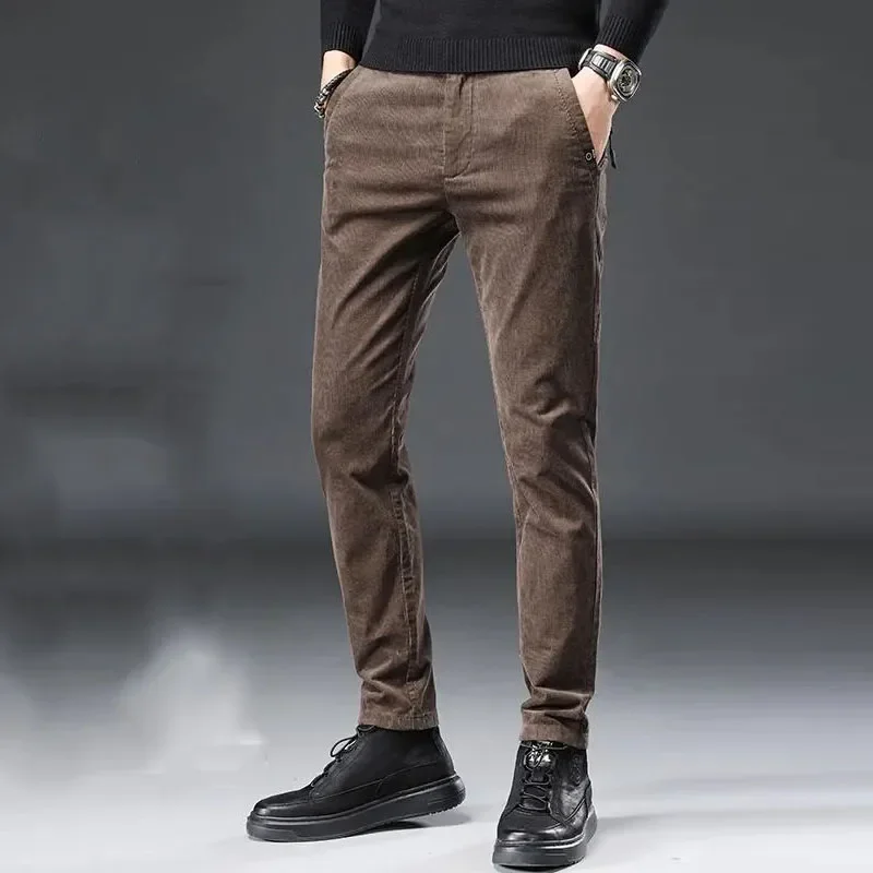 

2023 Autumn Winter Corduroy Pants Men Business Casual Pants Mens Straight Elastic Cotton Pants Thicken Slim Fit Trousers