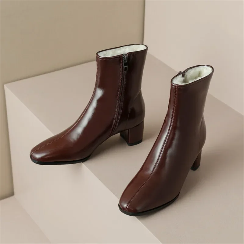 2023 New Autumn Split Leather Women Boots Square Toe Boots for Women Winter Boots Women Concise Knight Boots Black Short Boots