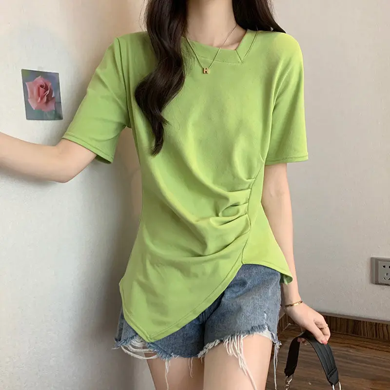 Irregular Short Sleeve T-shirts Women Summer Pure M-4XL Temperament College Casual Korean All-match New Arrival Футболка Женский