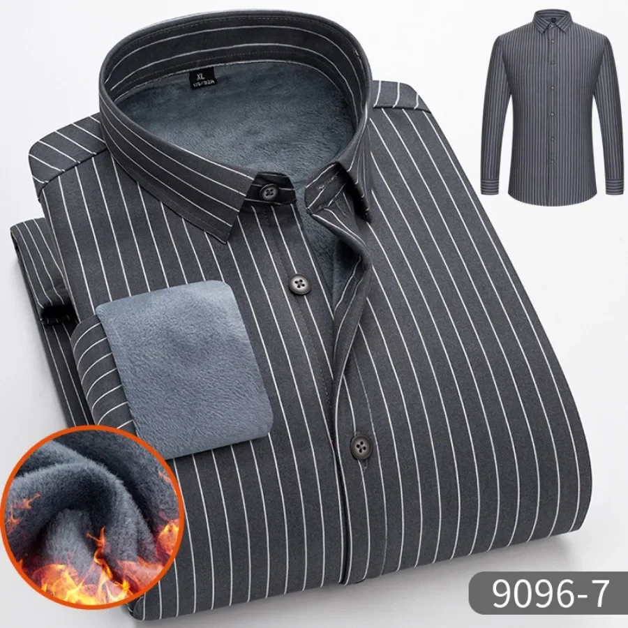 2024 Men's Striped Long Sleeve Warm Shirts Single-breasted Turn-down Collar Business Shirt Fleece Lined Warm Tops for Men Shirts