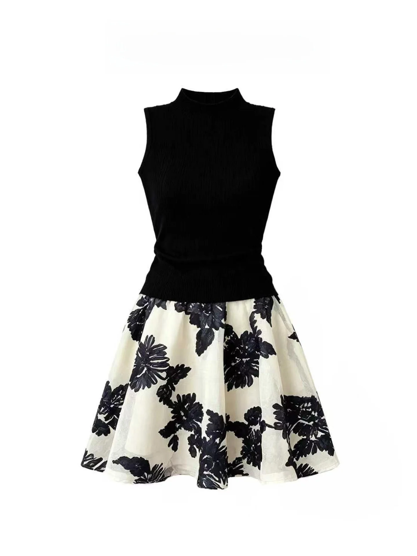 

Elegant Embroidered Knitted Top And Skirt Set Women's Summer Fashion Sleeveless Midi Dress Blue Floral Design Breathable