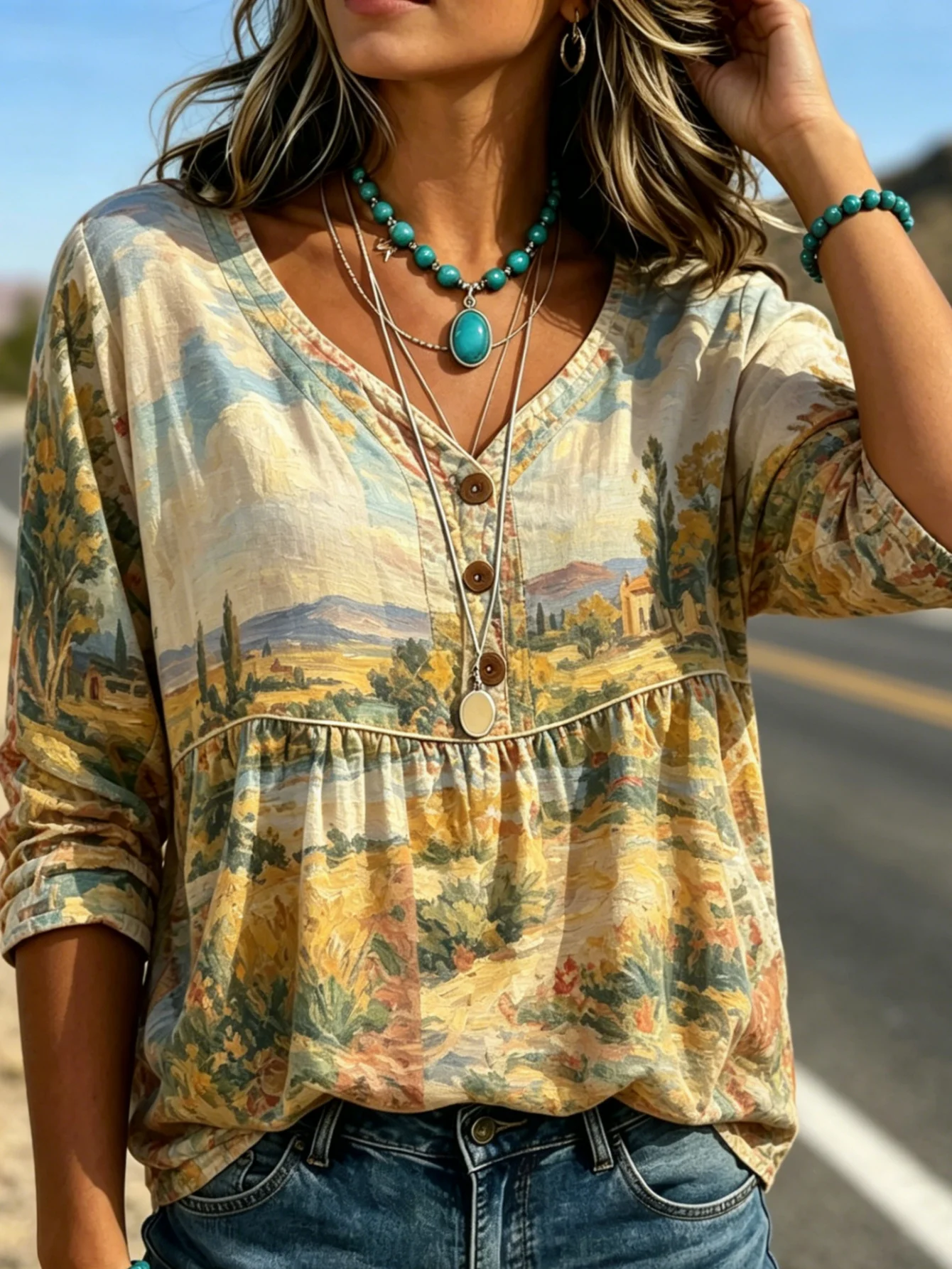 

Women Landscape Painting Babydoll Blouse, Vintage Country Scenery Print, 3/4 Sleeve V Neck Button Tunic for Rustic Daily Looks
