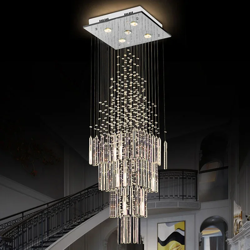 Modern Chandelier For Living Room Columnar Crystal Hanging Lamp Square Base Light Fixture Stair Loft