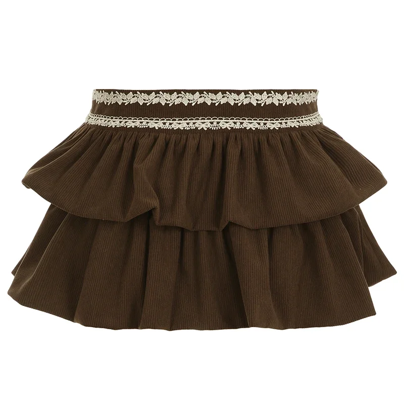 

Contrast Color Lace Floral High Waist Corduroy Skirt Brown Tiered Ruffle Mini Skirt Vintage A-line Layered Short Skirts