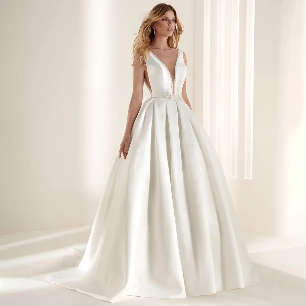 Satin Wedding Dresses for Women 2023 Bride Beading Deep V Neck Sexy  Gowns Backless Applique Ivory Elegant Bridal Dress