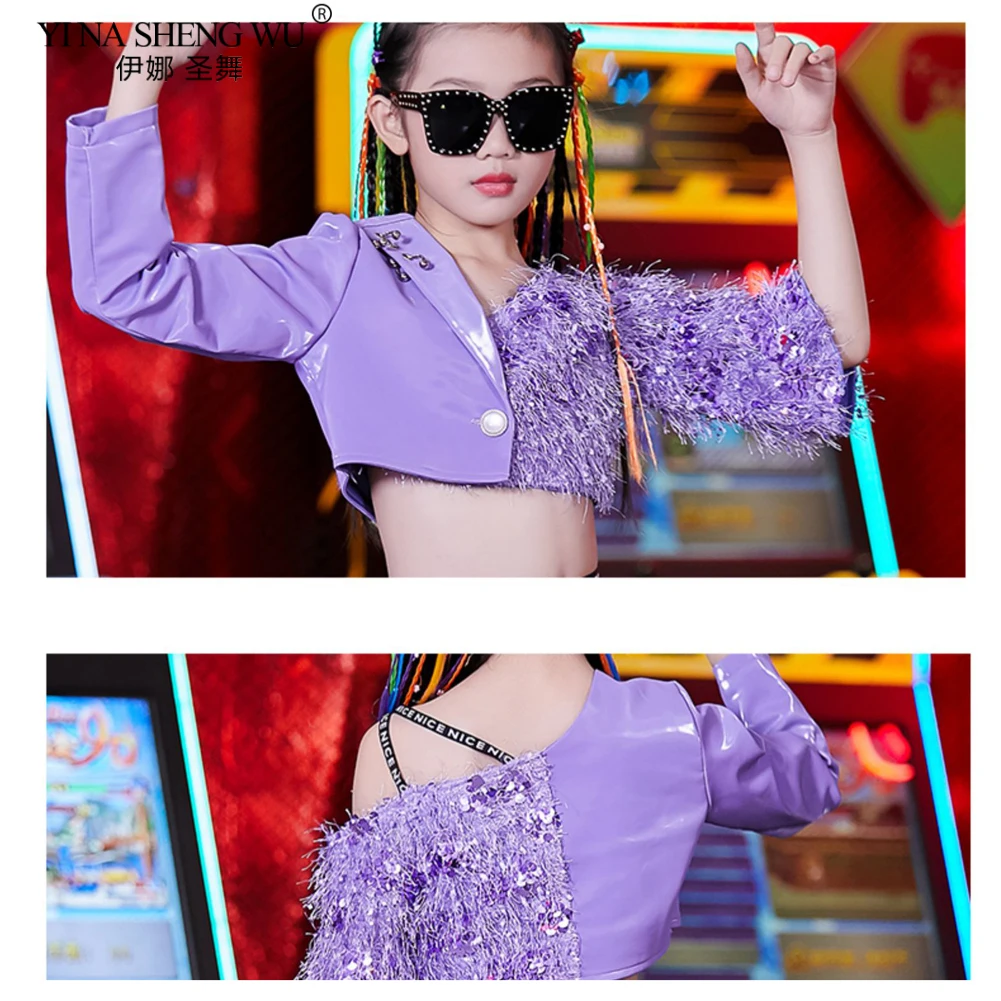 Kids Girls Purple Sequins Jazz Street Dance Costume Hip Hop Outfit Catwalk Trendy Clothing Stage Performance Wear for Dancewear