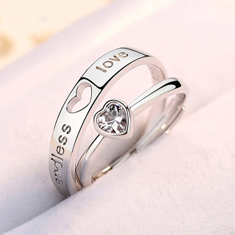 2Pcs Zircon Heart Couple Rings For Women Men Forever Endless Love Engagement Wedding Ring Charm Valentine's Day Jewelry Gift