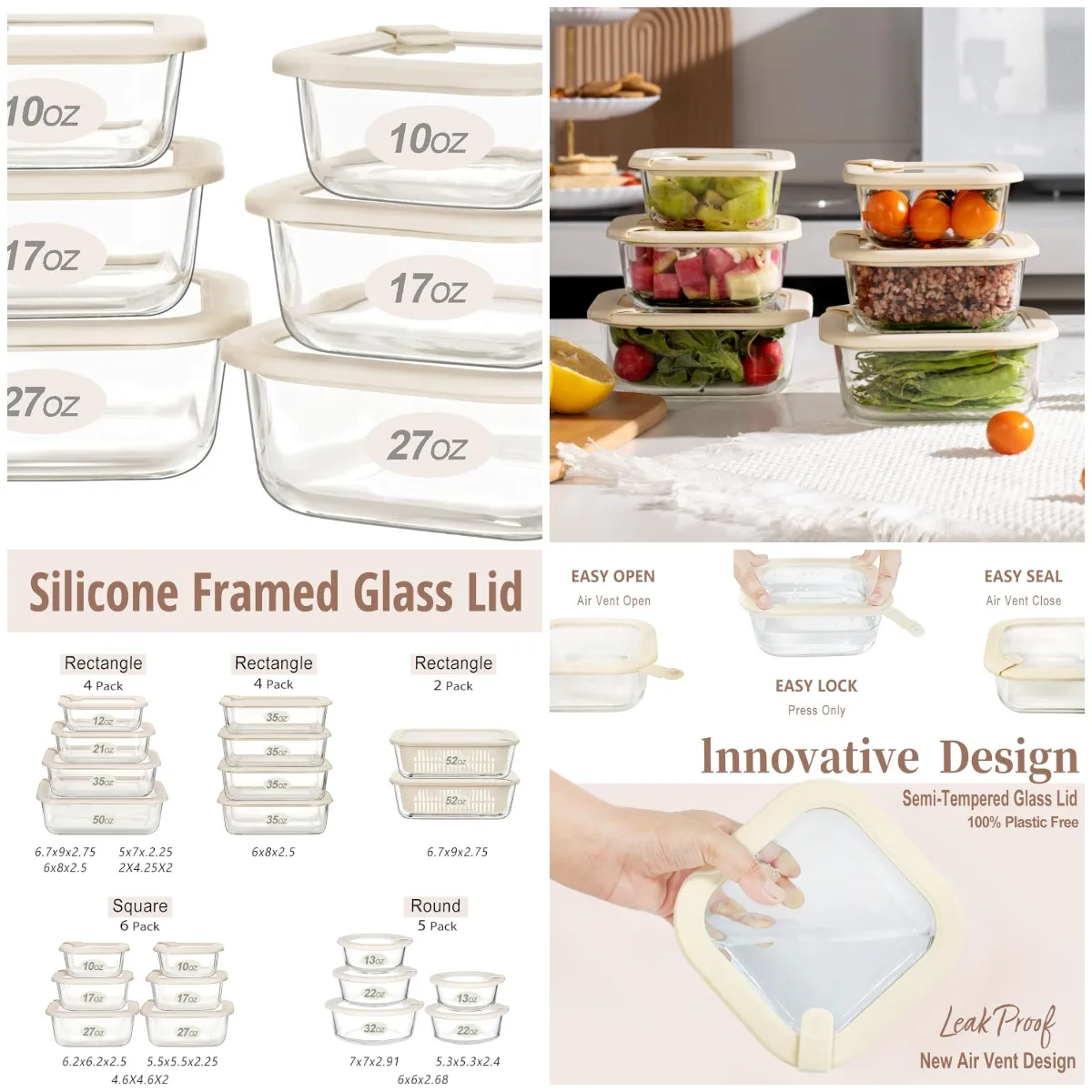 

Glass Food Storage Containers with Airtight Lids, Microwave Safe, Leak-Proof, 6-Pack, 100% Plastic-Free