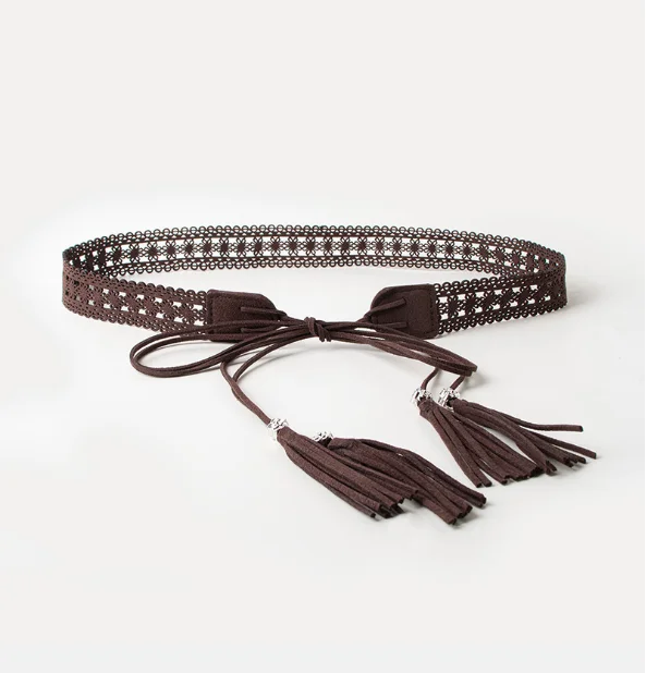 Vintage Bohemian Tassel Waistband Hollow Patterned Dress Accessory Woven Belt for Women Fashionable Waist Decoration