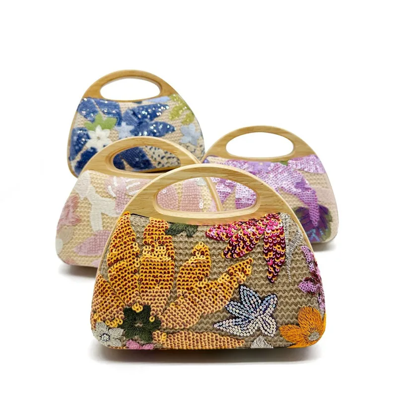 Luxury Handbags for Women 2024 New Wooden Handle Sequined Evening Bags Vintage Embroidery Straw Woven Fashionable Crossbody Bag