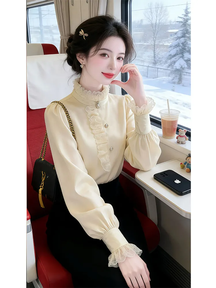 

Ele Lace Splice Silk irt Women's Spring Sle Stand Collar Long Sve Casual Faion Slim Fit ort Length Top