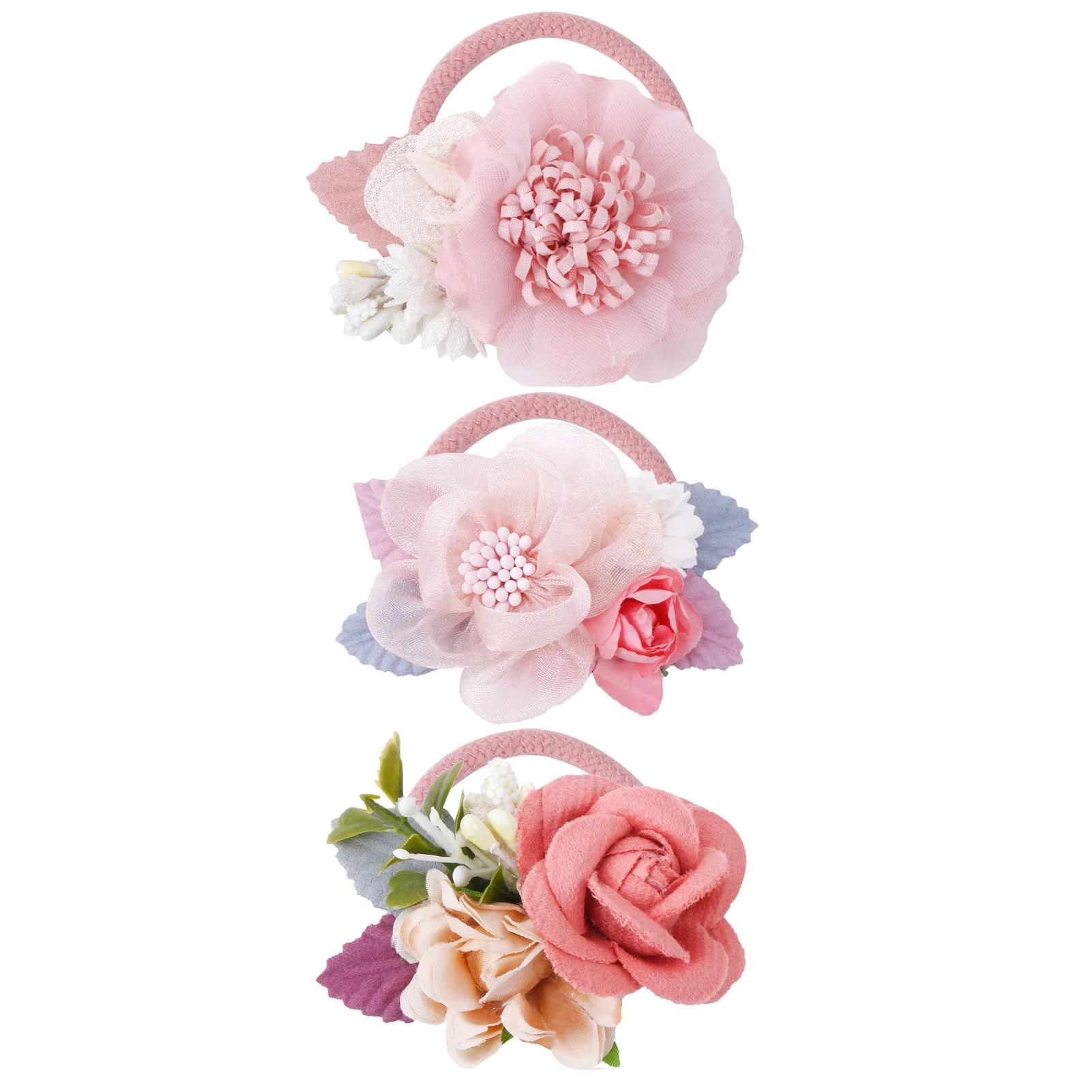 3 Pcs Set Princess Style Flower Hair Rope Hair Rings New Hot Sell Fresh & Idyllic Style Super Elastic Flower Hair Rope for Girls