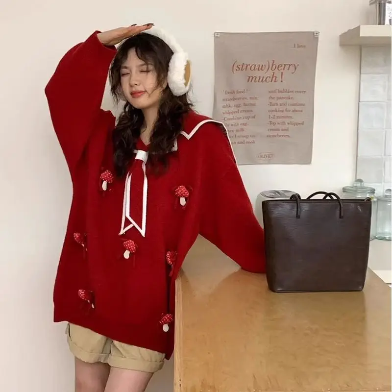 Suéter rojo de Navidad para mujer, jersey de gran tamaño con cuello de marinero, novedad, ropa de invierno
