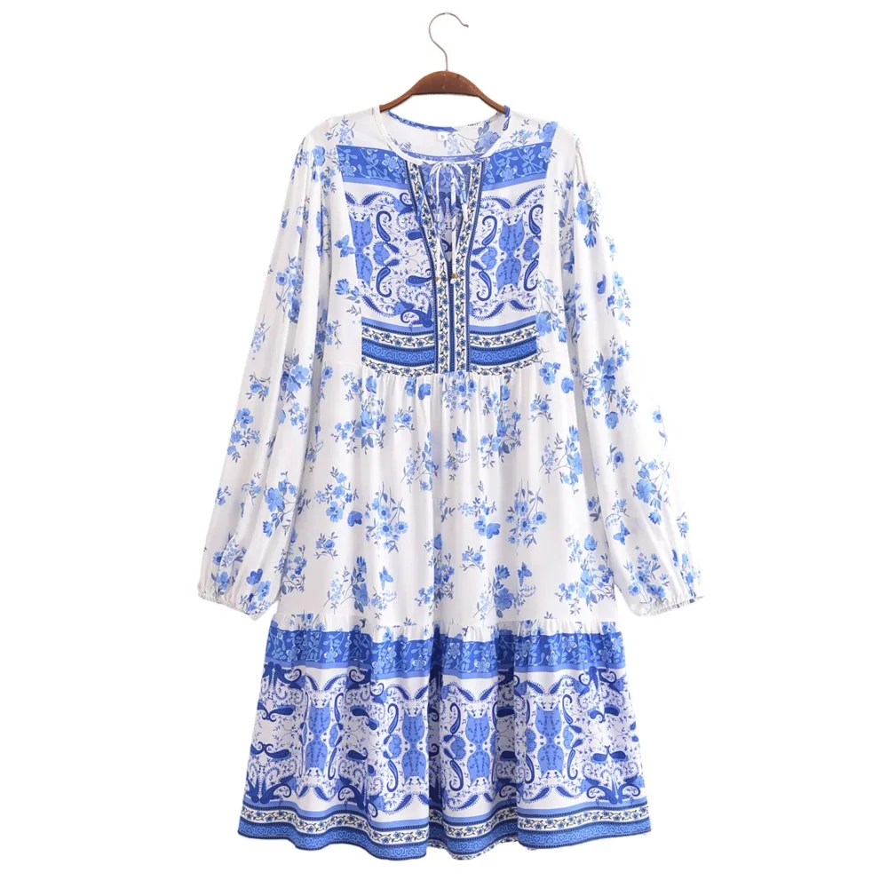 2024 BOHO Tie Bow Rope Collar White Blue Flower Location Flower Print Midi Dress donna Full Puff Sleeve allentato Holiday Beach Robe