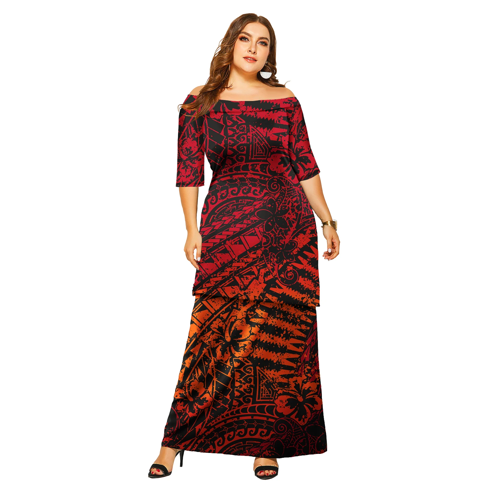 Women's two-piece custom Samoan Puletasi off-the-shoulder coat and long skirt are suitable for Polynesian clothing