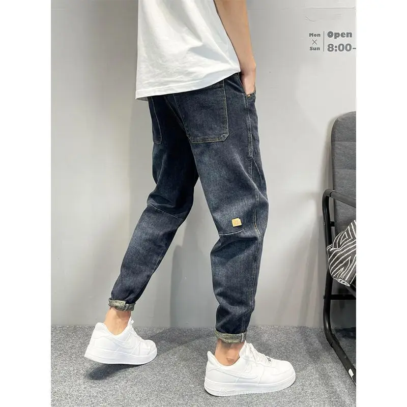 Men's Casual Denim Vintage Washed Loose-Fit Tapered Carrot Pants Autumn Streetwear Embroidered Jeans Baggy Jogger Harem Pants