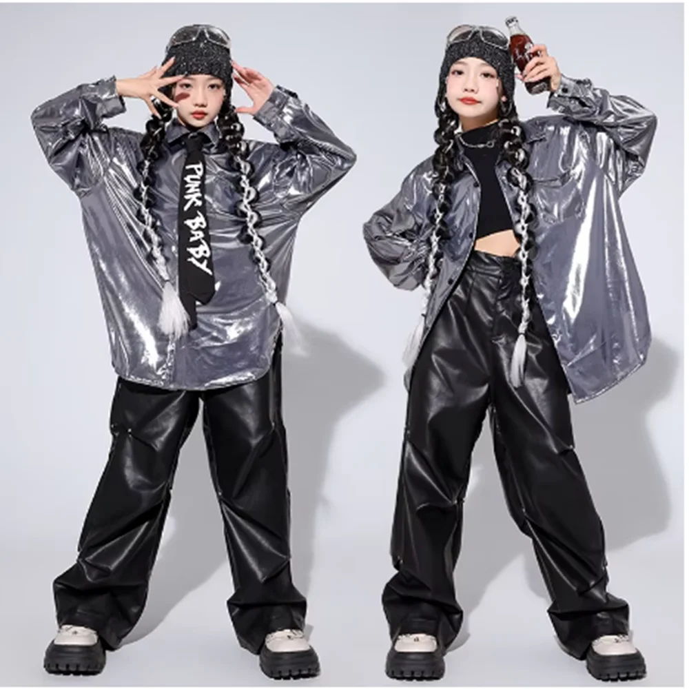 Costume da ballo jazz per ragazze Bambini Hip Hop Camicia argento Gilet nero Pantaloni in pelle Abbigliamento da ballo di strada Sfilata di moda Abbigliamento da palcoscenico YJ008