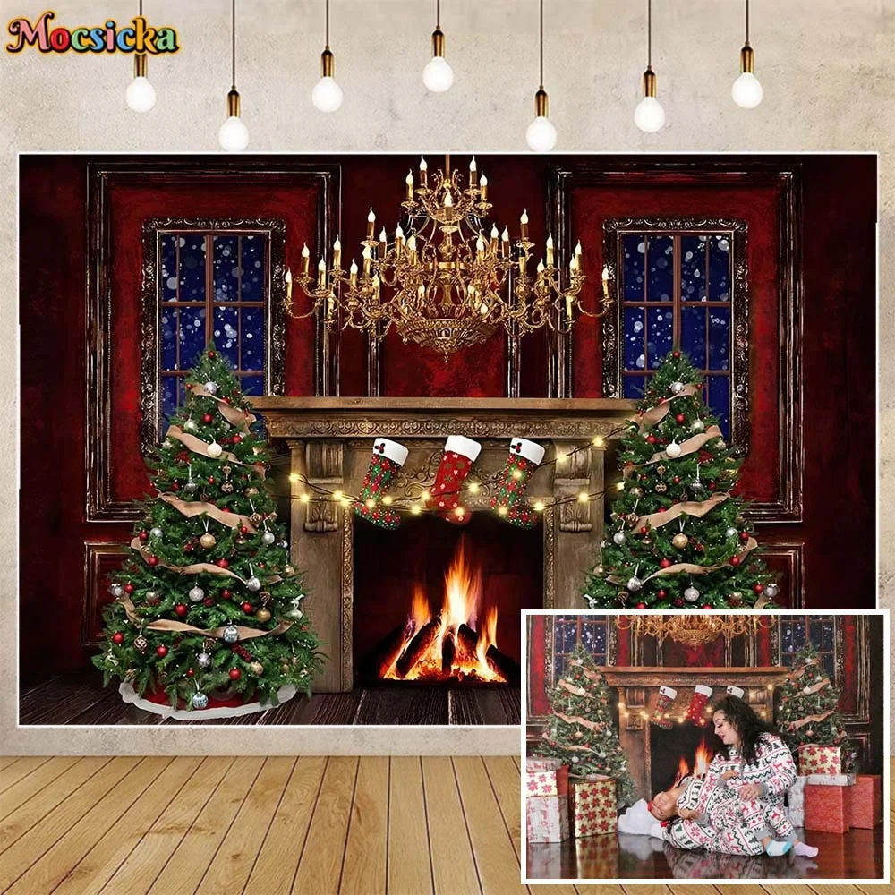 

Mocsicka Christmas Backdrops Photography Vintage Red Wall Window Fireplace Xmas Tree Wood Floor Family Portrait Photo Background