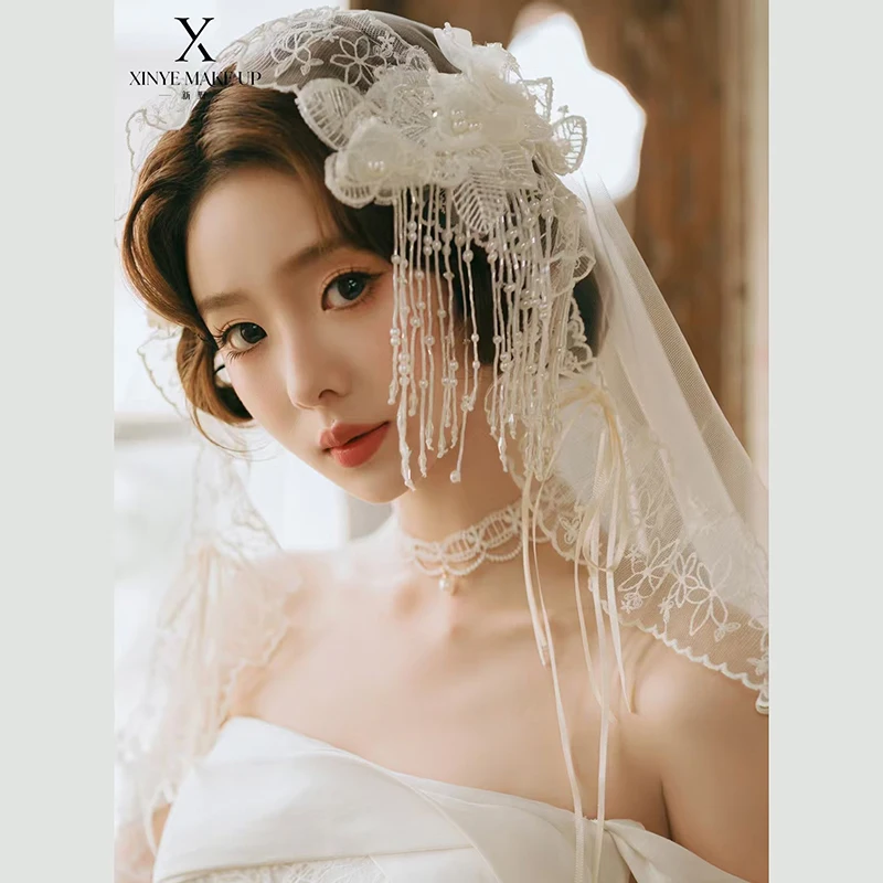 

Свадебная тиара, кружевная фата с бахромой, суперфея и высококачественное лесное свадебное платье в стиле ретро с подкладкой по краям, свадебные аксессуары для волос