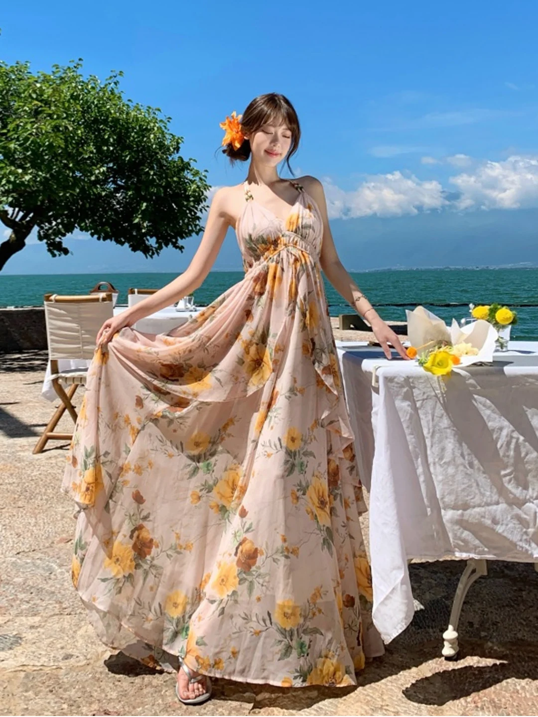 바이온 트래블 플로럴 프린트 오프숄더 롱 드레스 비치 포토 아우토레스 아일랜드 드레스 소프트 시폰 하이웨이스트 썸머