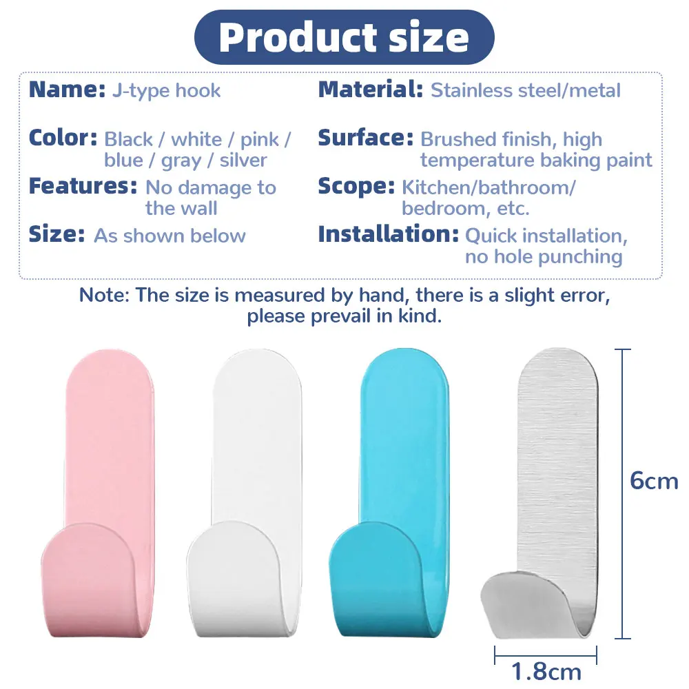 J-tipo gancho de aço inoxidável forte esparadrapo soco livre gancho acabamento de parede vestuário doméstico gancho cozinha quarto banheiro
