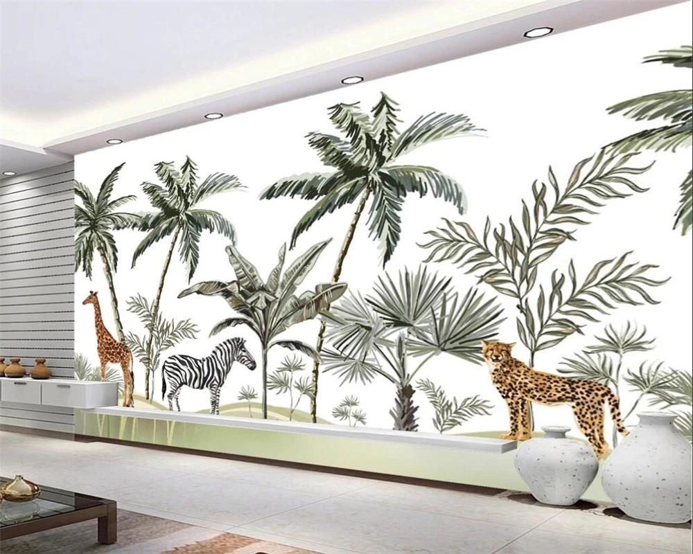 Customized 3D hand painted tropical rain forest plant animal mural wallpaper Living room TV background bedroom restaurant tree