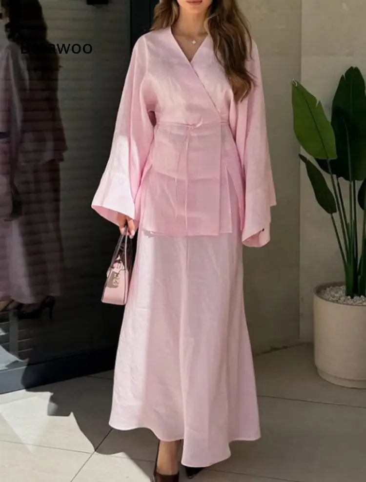 Women Multi Color Satin Wrap Two Piece Set Long Sleeve V Neck Tie Waist Top Mermaid Maxi Skirt Elegant Outfit view 5
