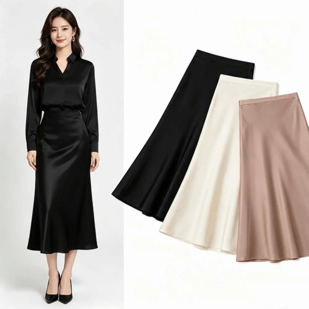 Solid Color Satin Skirt Flowy Fabric Acetic Acid Satin Midi Skirt Slim Fit Hip Hugging Design High Waisted Skirt Spring Summer