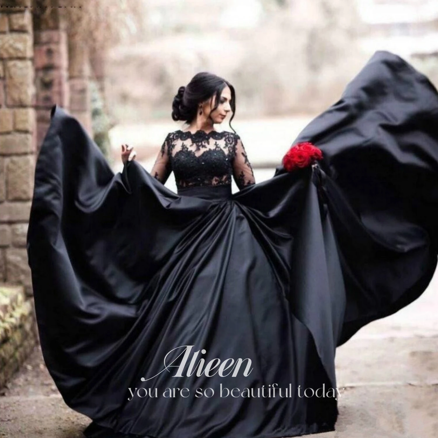 

Aileen Party Dress for Wedding Ceremony Dress Party Evening Elegant Luxury Celebrity Fluffy Quinceanera Dresses Black Lace Prom