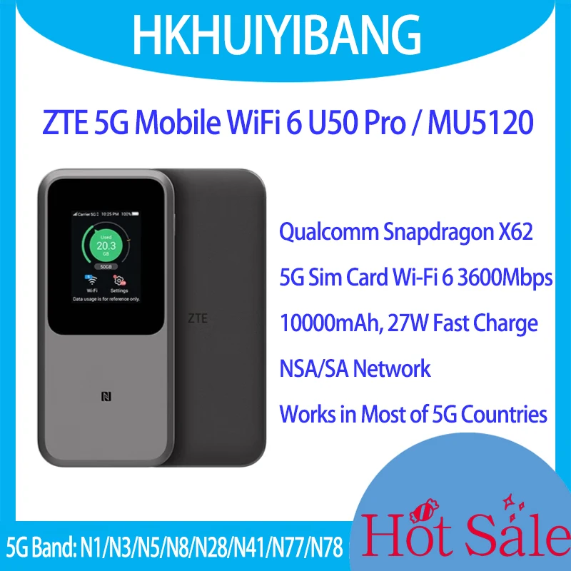 ZTE 5G 휴대용 와이파이 U50 프로, 10000mah 27W 고속 충전, 모바일 핫스팟 5G 라우터, SIM 카드 슬롯 MU5120, 6 3600Mbps 