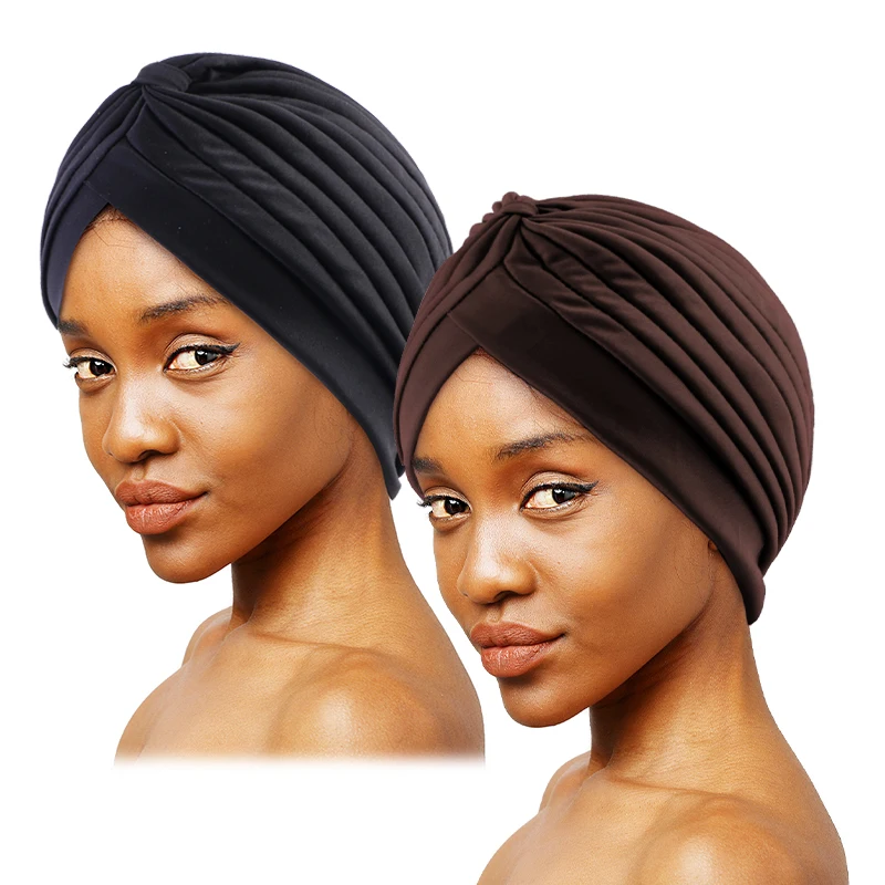 2 stücke Knoten Crinkle Turban Kappe schwarz & dunkelblau Headwrap elastischen Kopftuch leichte Motorhaube Chemo Kappe – Detail 4