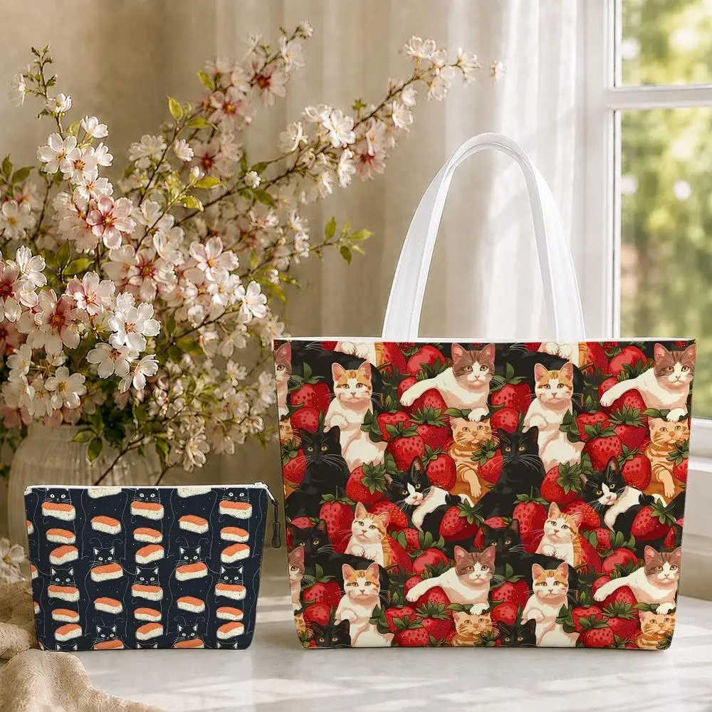 Cat Cake Pattern Storage Bags 2-Piece Set Double-Sided Printed Canvas Tote Bags with Zipper Shopping Shoulder Handbags