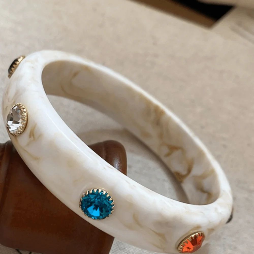 

Bohemian Acrylic Bangle Colorful Wide Rhinestone Colored Bracelet Zircon Jewelry Accessories Retro Hand Ring Friend Gift