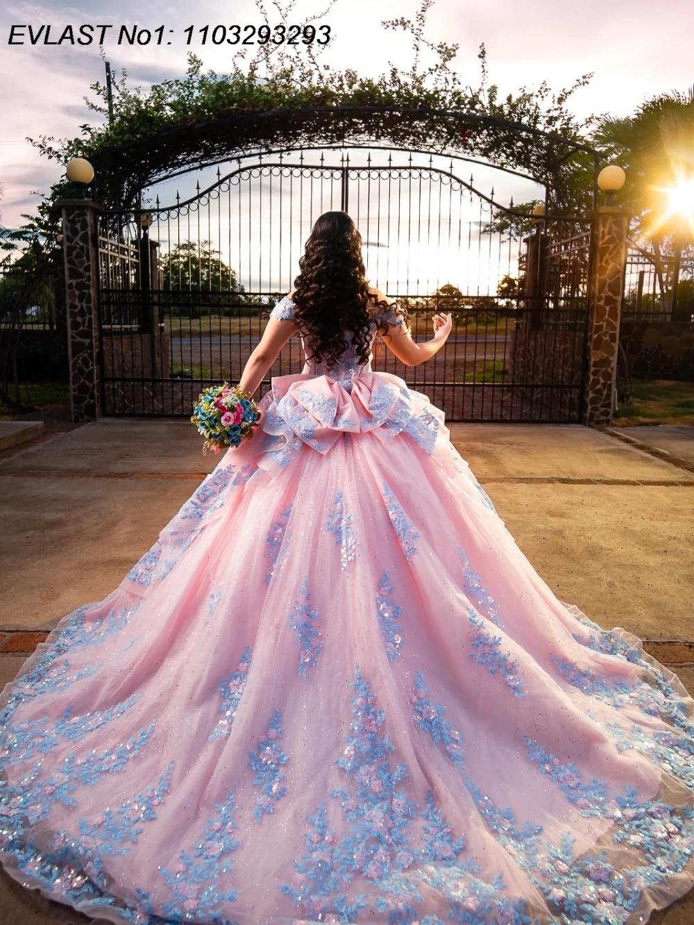 Eplast personalizado princesa rosa quinceanera vestido de baile azul renda apliques miçangas arco doce 16 vestidos de 15 anos e1qn456