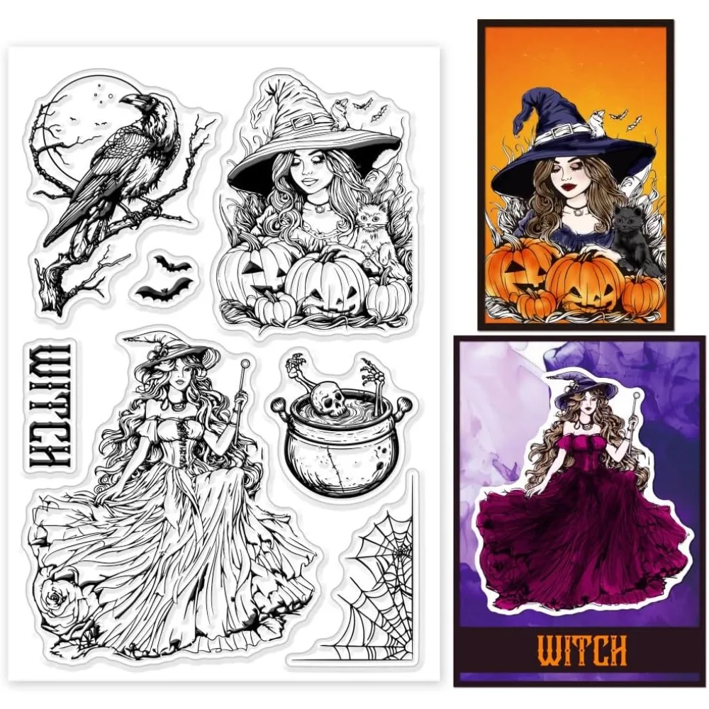 Halloween Witch Clear Stamps Crow Skeleton Bat Silicone Clear Stamp Seals Transparent Stamps for DIY Scrapbooking Making Kit