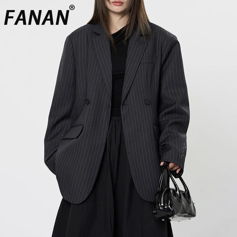 

FANAN черные полосатые пиджаки с разрезом, женские двубортные свободные куртки с зубцами и длинными рукавами, женские пальто, новинка весны 2023 г.