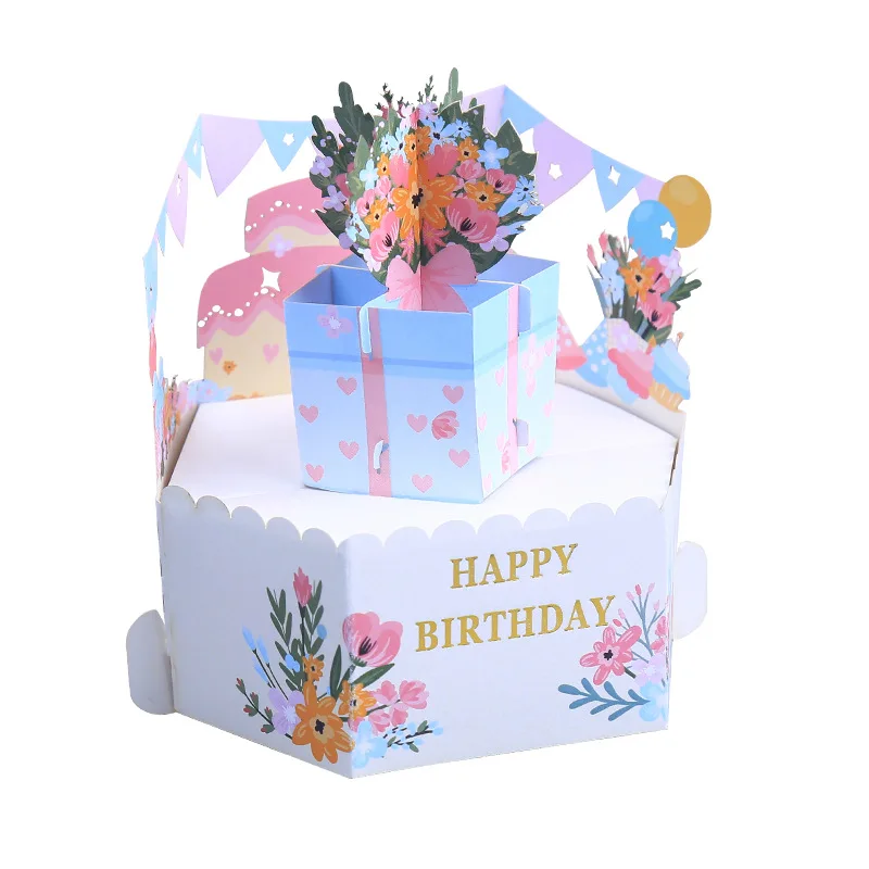 10pcs Handmade Gold Stamp Flower Basket Cake 3D Pop UP Greeting Invitation Paper Card Desktop Decoration Birthday Party Gift