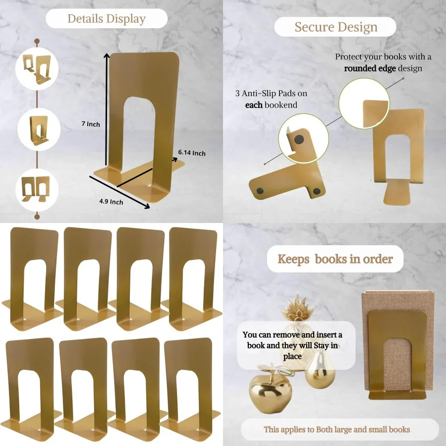 8 قطع من الدفتين الذهبية للأرفف من الدفتين المعدنية شديدة التحمل تدعم الكتب الثقيلة توقف الذهب المزخرف للمنزل أو المكتب ديكو #1