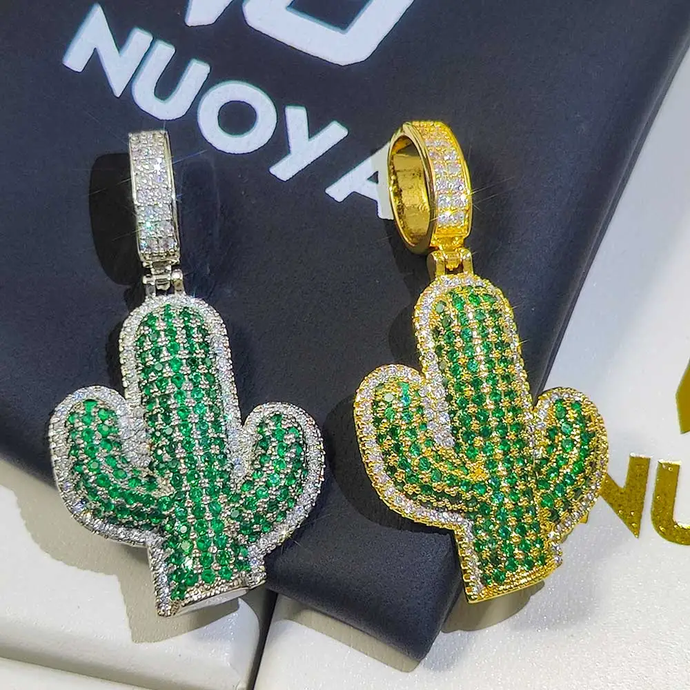

HHLOK Hip Hop Fashion Jewelry Wholesale Natural Plant Solid Cactus Pendant Ice Out+18k Gold Plated Necklace
