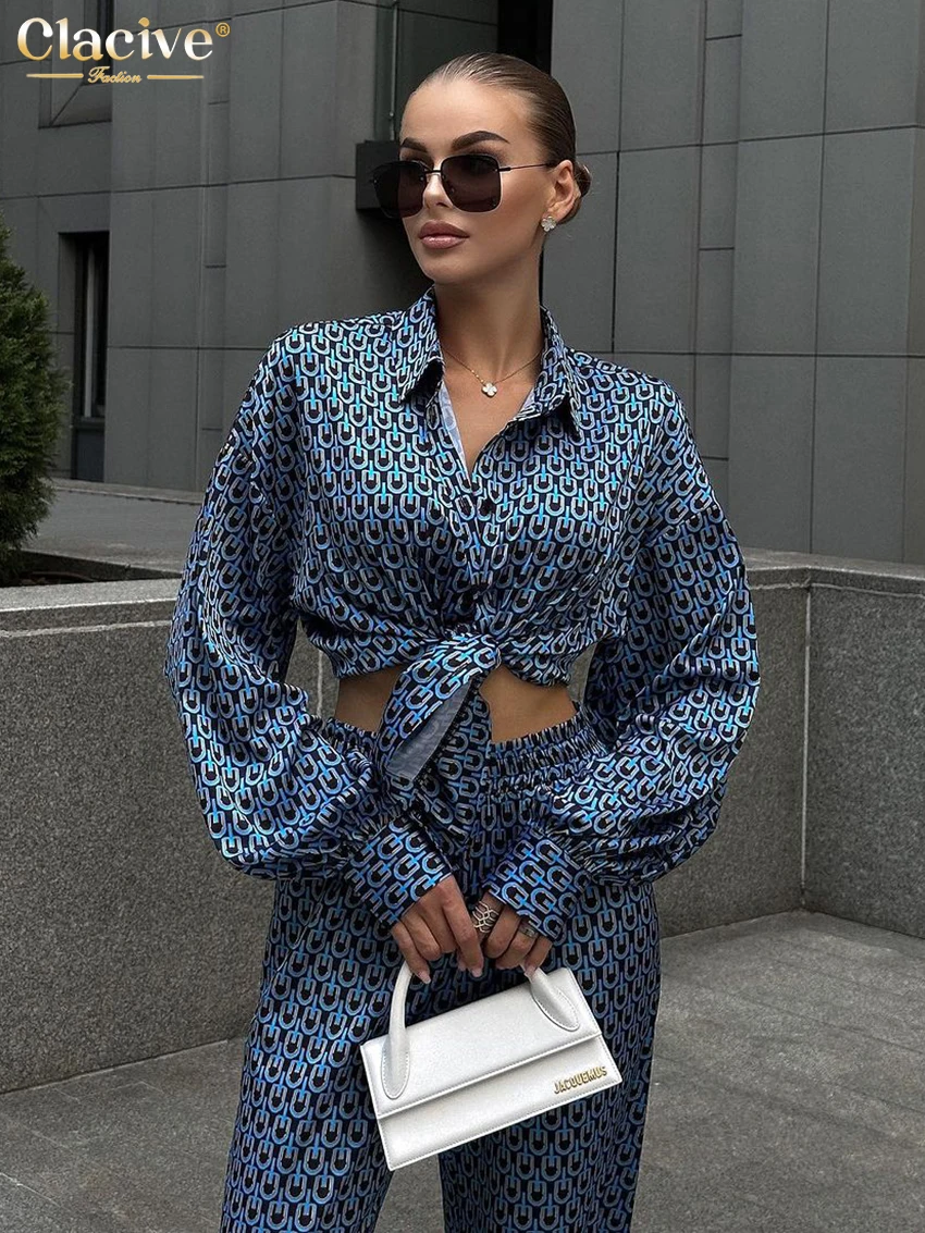 Clacive Fashion Loose Print 2 Piece Sets Women Outfit 2024 Elegant Long Sleeve Shirt With High Waist Wide Pants Set Streetwear