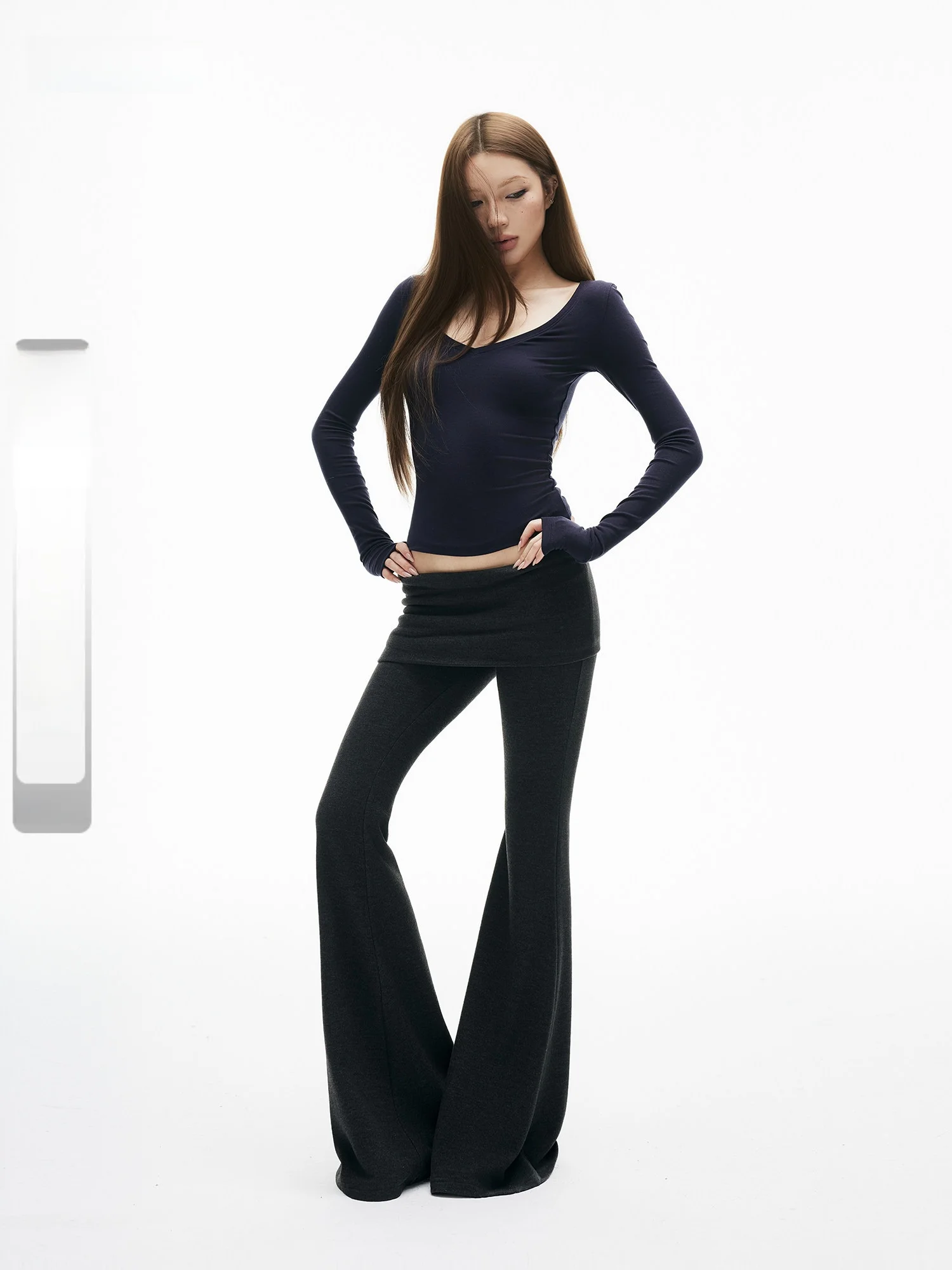 Iamxiaa Skin-Caring Cotton Blend Faux Two-Piece Skirt High Waist Bell Bottoms Casual Pants Vintage Curtain Style Lightly Fuzzed