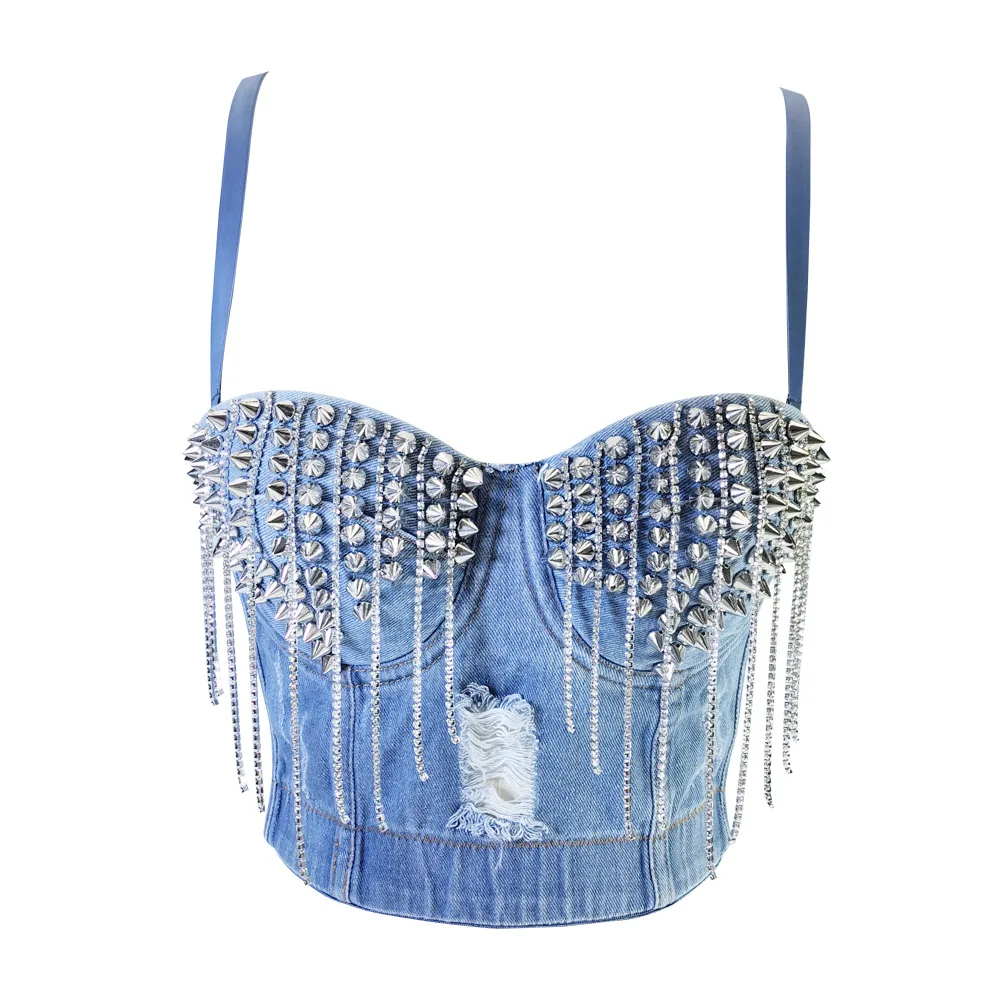 

European And American Style Ripped Denim Bustier With Integrated Fixed Cups, Open Back, And Sequined Fringe Straps