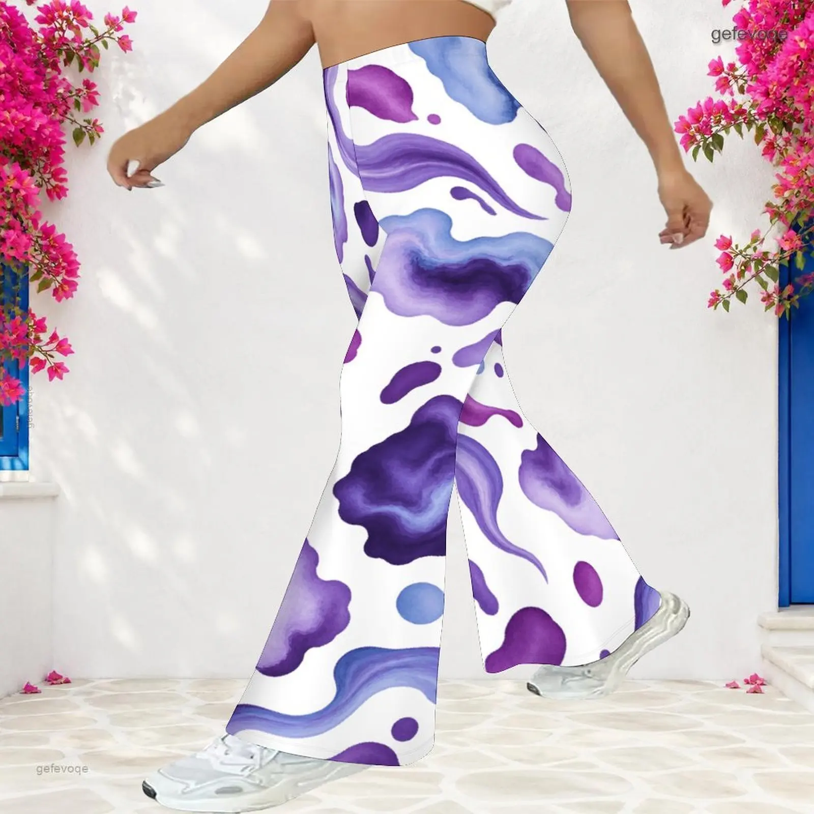 Women High Waist Full Length Flared Pants, White Base Purple Blue Abstract Watercolor Swirl Printed