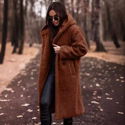 Women Hooded Plush Coat Long Sleeve Loose Fashion Autumn Winter Solid Color Faux Fur Jacket Coats